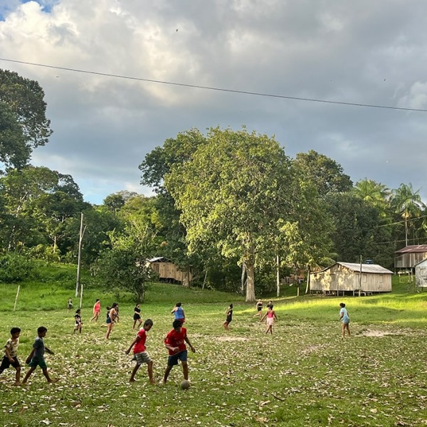 Children from a local community near Lake Tefé, play football.